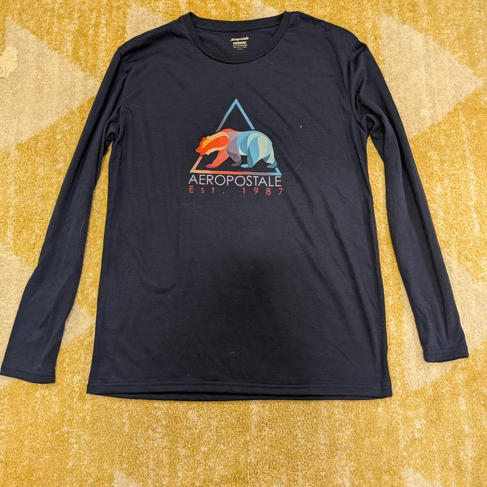 Aeropostale Men's Dark Blue Bear Graphic Long Sleeve Tee